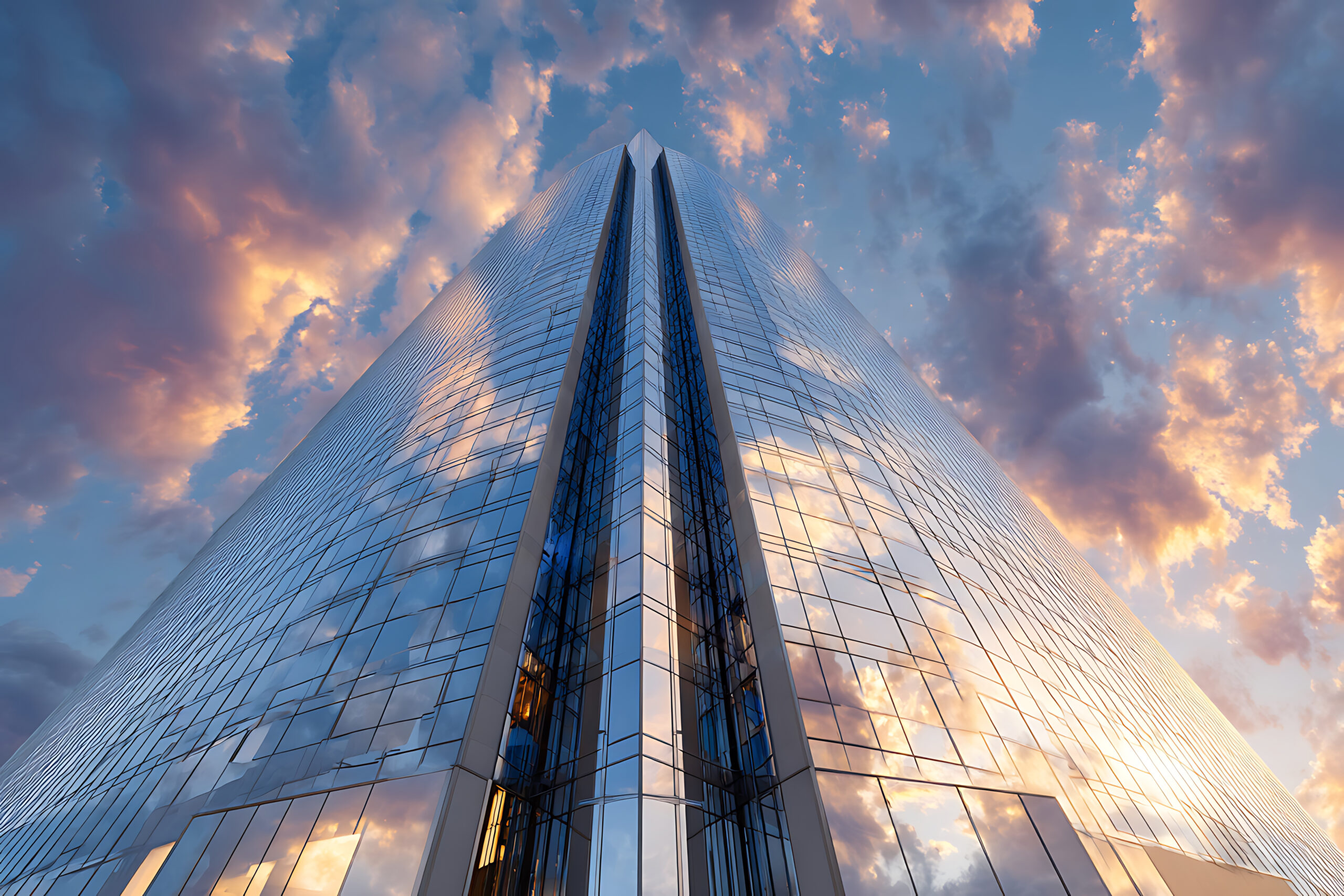 A modern glass skyscraper captured from a low angle, reflecting the vibrant colors of a dramatic sunset sky. The building's sleek facade mirrors the golden and purple clouds, creating a stunning architectural and natural interplay.